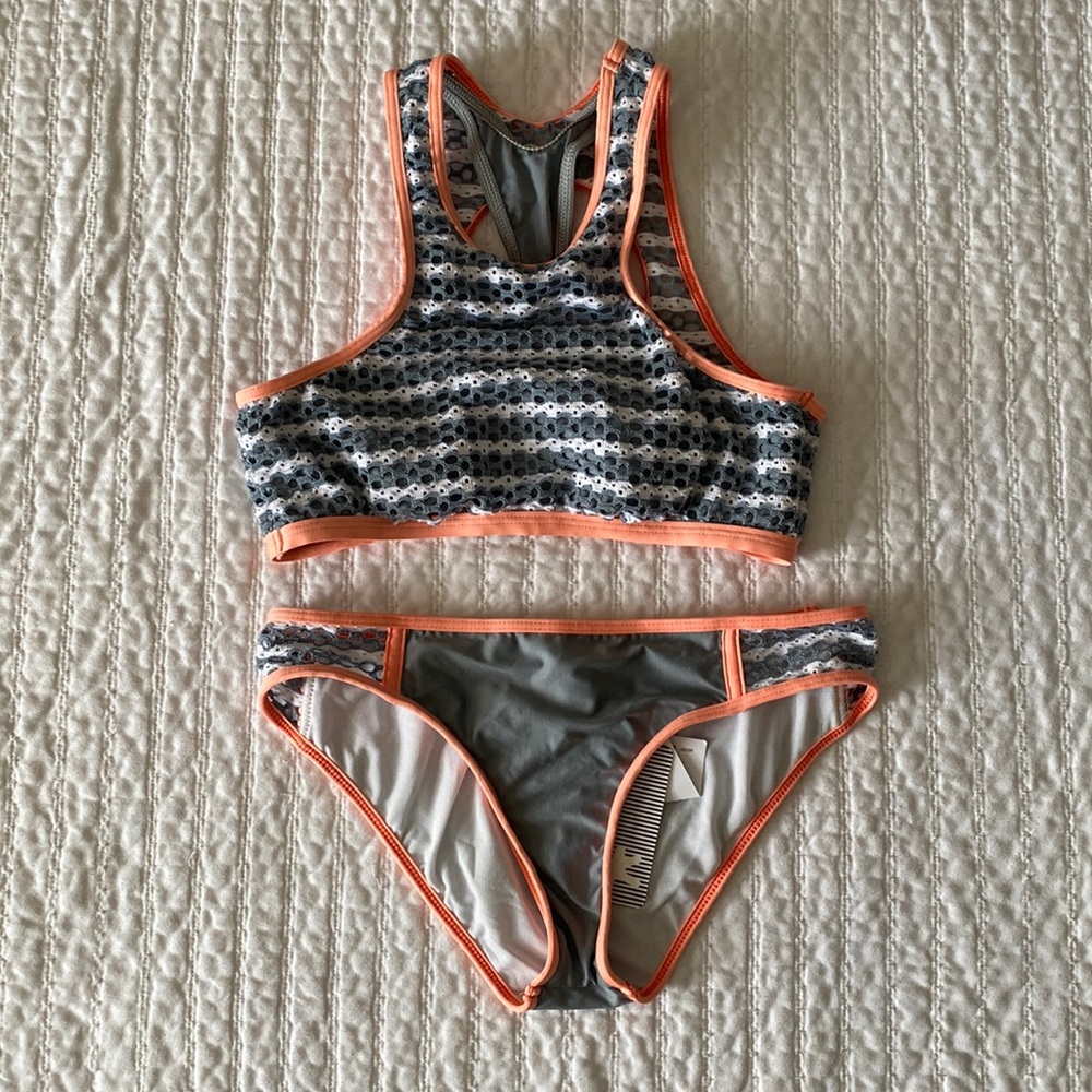 Grey white and orange striped bikini